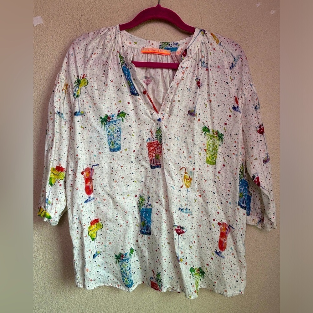 Vilagallo 100% Linen Tropical Cocktail Print 3/4 Sleeve Blouse Eu 42 10 L